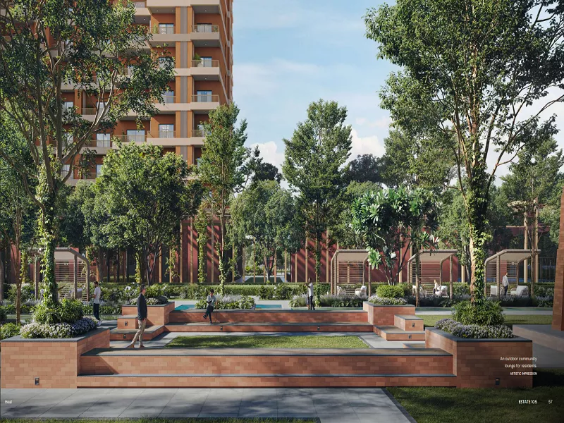 Outdoor community lounge and landscaped green spaces at Max Estate 105 Noida luxury residential project