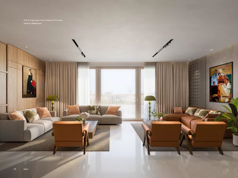 Spacious luxury living room interior at Max Estate 105 Noida featuring modern design, premium furnishings, and large balcony windows